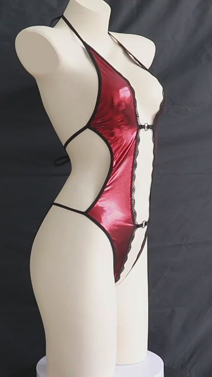 Red Metallic Lace Open-Back Bodysuit – Sexy Halter Lingerie Teddy