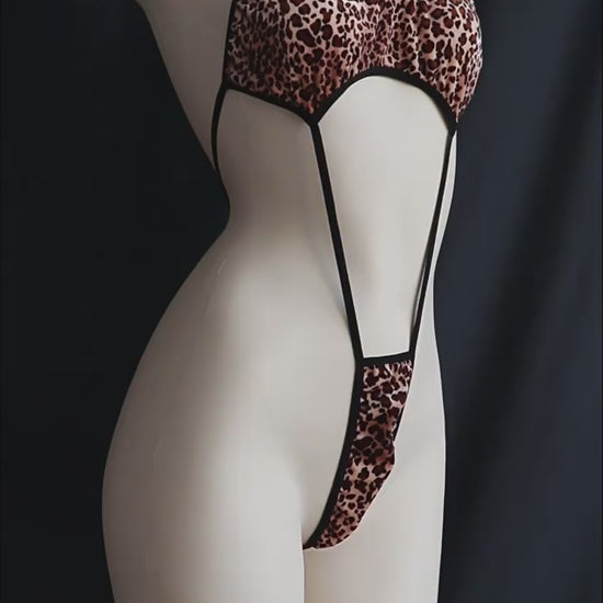 Leopard Print Halter Bodysuit Lingerie – Sexy Cutout One-Piece