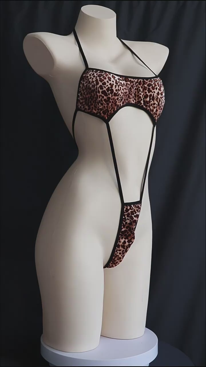 Leopard Print Halter Bodysuit Lingerie – Sexy Cutout One-Piece