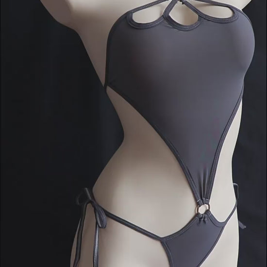 Gray Halter Bodysuit & Lace Thigh High Stockings Set