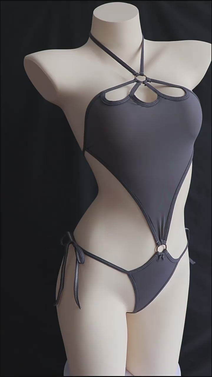 Gray Halter Bodysuit & Lace Thigh High Stockings Set